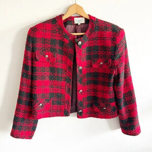 Classic Red & Black Plaid Tweed Cropped Blazer Jacket 10 L